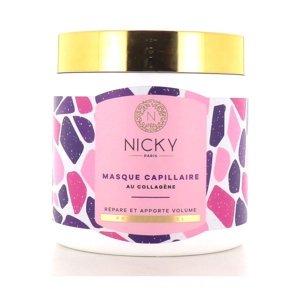 Pot blanc avec couvercle doré. Étiquette avec motifs roses et violets. Inscription : Nicky Paris, Masque Capillaire au Collagène.