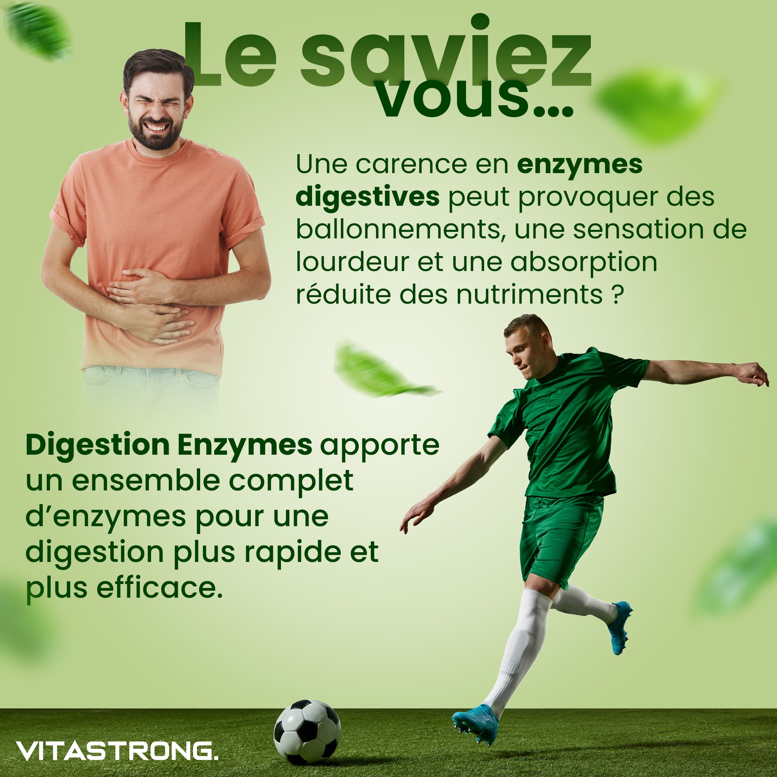 Femme avec mal de ventre. Texte : Gonfiore ? Game over. Pour manger léger.