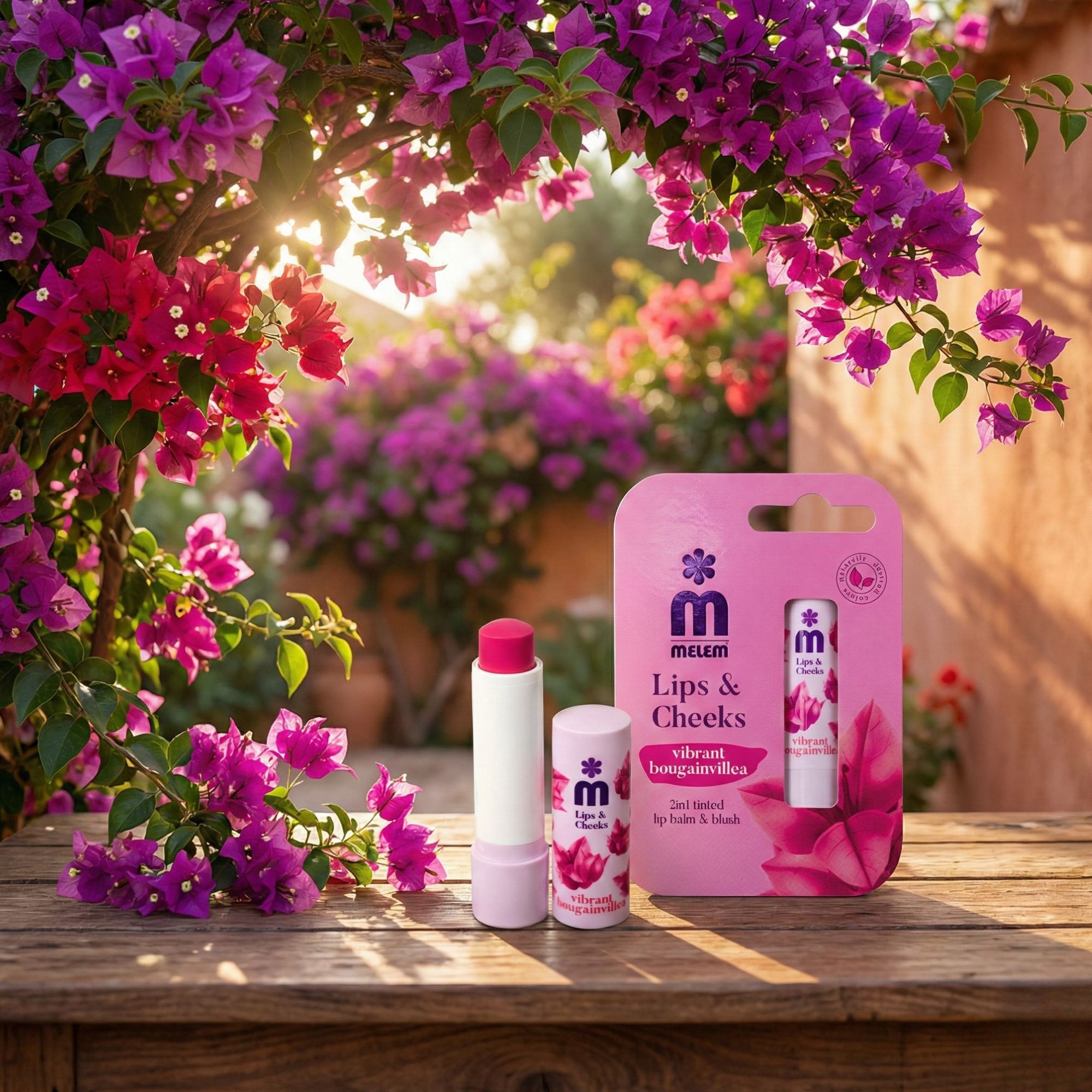 Emballage produit et baume à lèvres sur surface en bois. Fleurs de bougainvilliers en arrière-plan. Nom du produit: Melem Lips & Cheeks. Emballage avec image du produit.