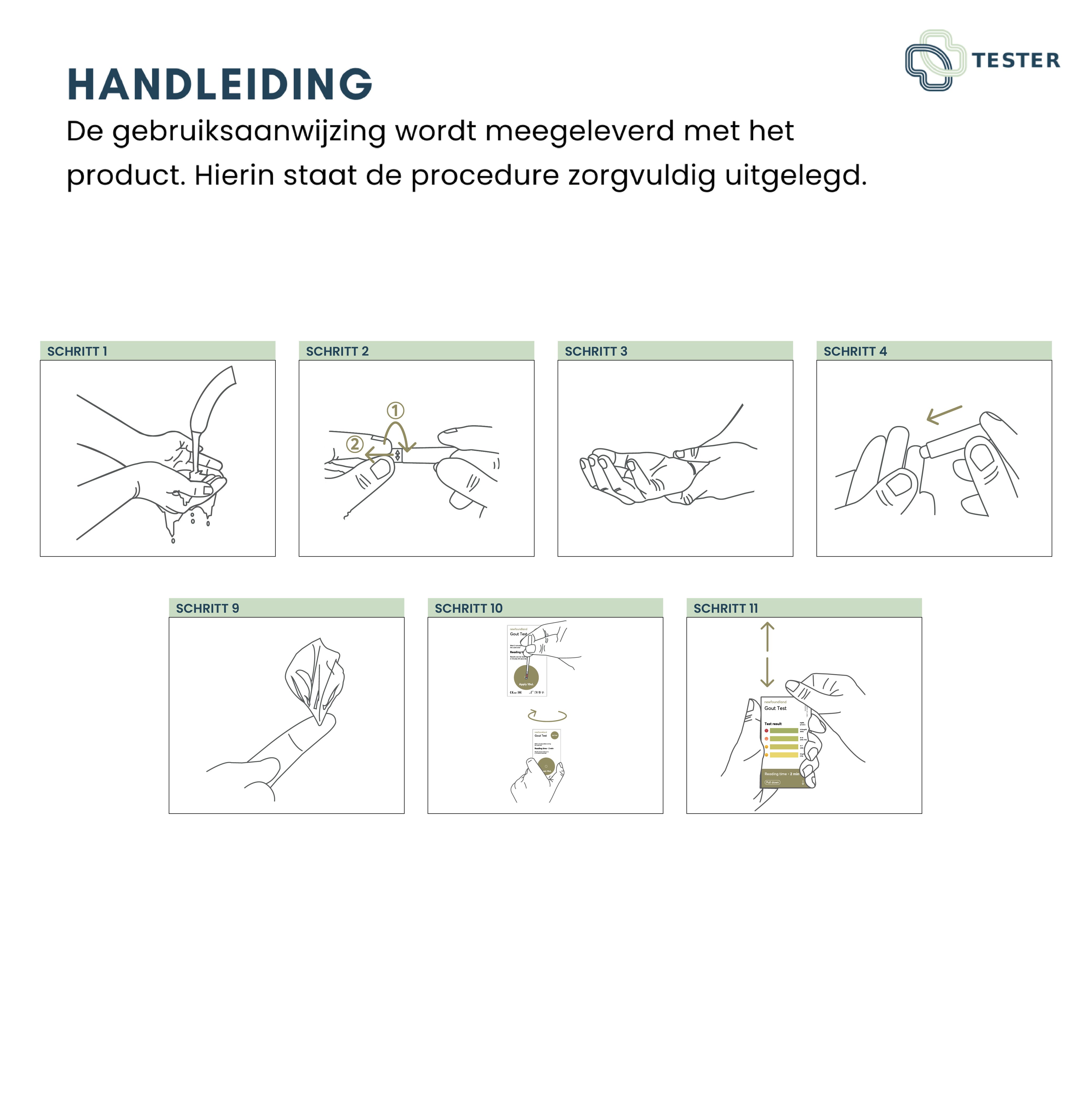 Instructies in 8 stappen. Illustraties tonen: handen wassen, vinger prikken, bloed opvangen, test uitvoeren, resultaat aflezen. Logo: TESTER.