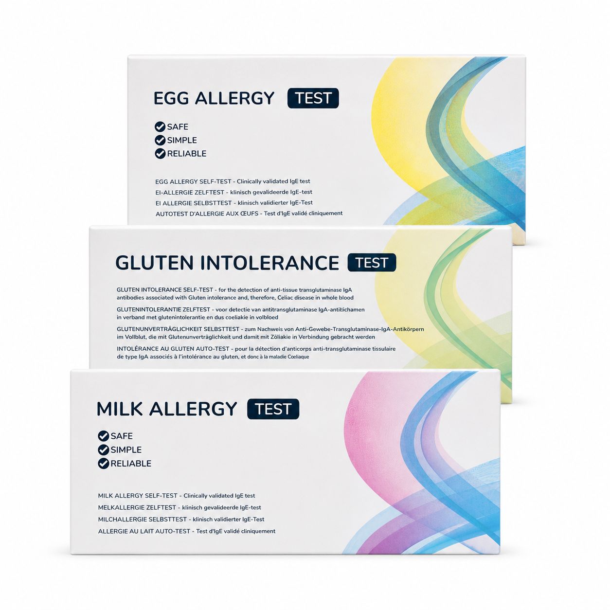 Drie zelf-tests voor voedselallergie: ei, gluten, melk. CE-gecertificeerd.