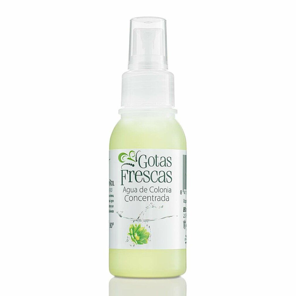 Witte sprayfles met heldere vloeistof. Opschrift: Gotas Frescas, Agua de Colonia Concentrada.