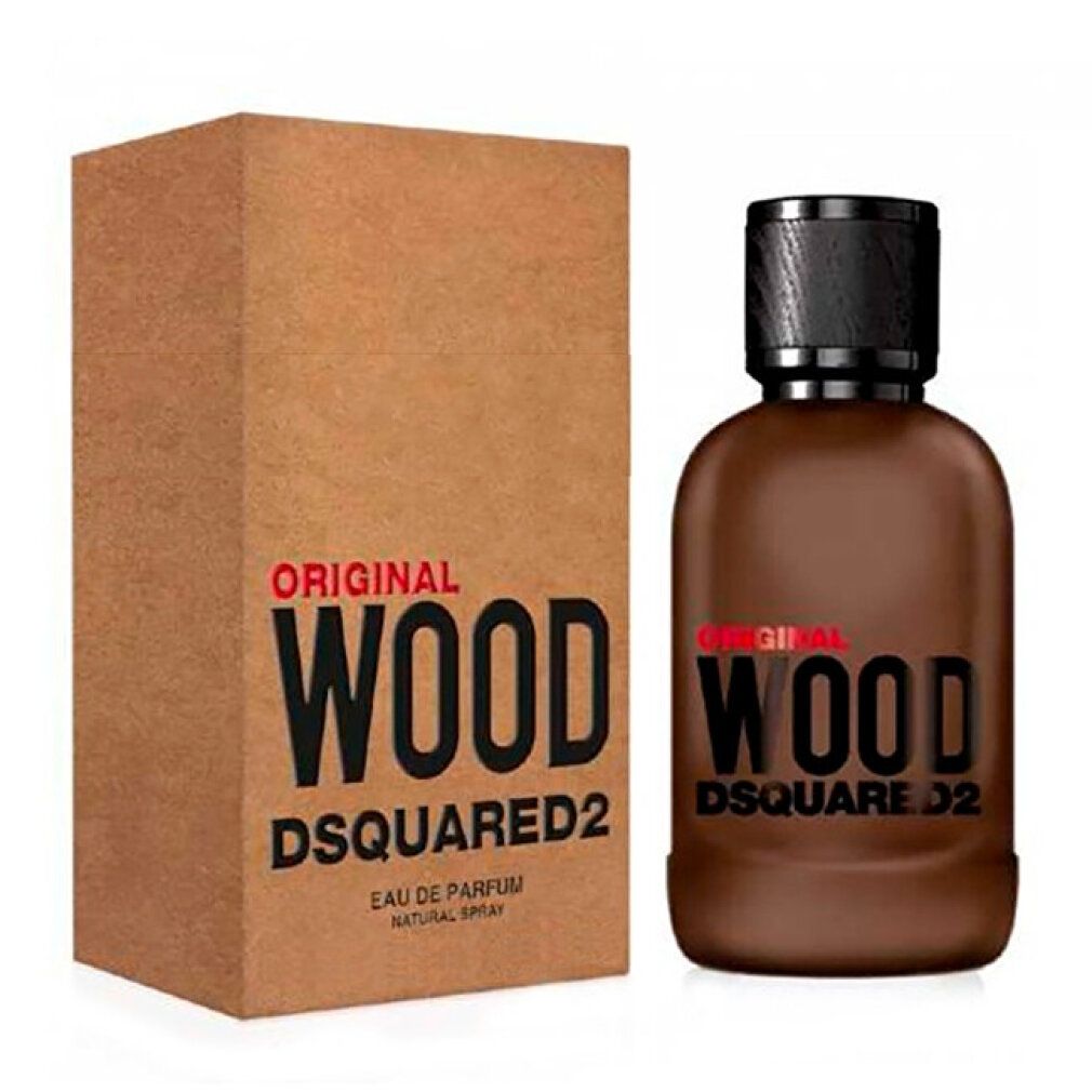 Bouteille en verre marron avec bouchon noir, à côté de sa boîte en carton. Les deux portent l'inscription 'Original Wood Dsquared2'.