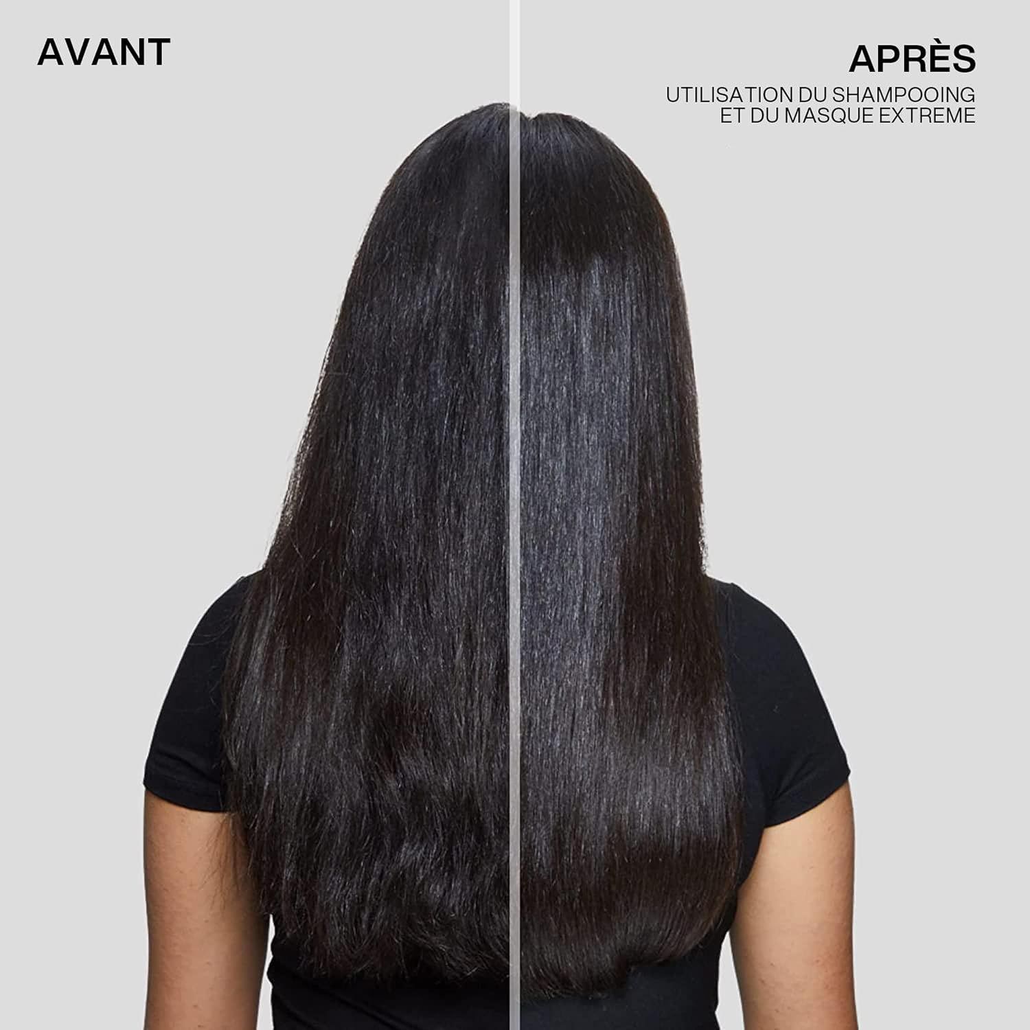 Comparaison avant/après de cheveux longs et foncés, apparaissant plus lisses et brillants après utilisation.