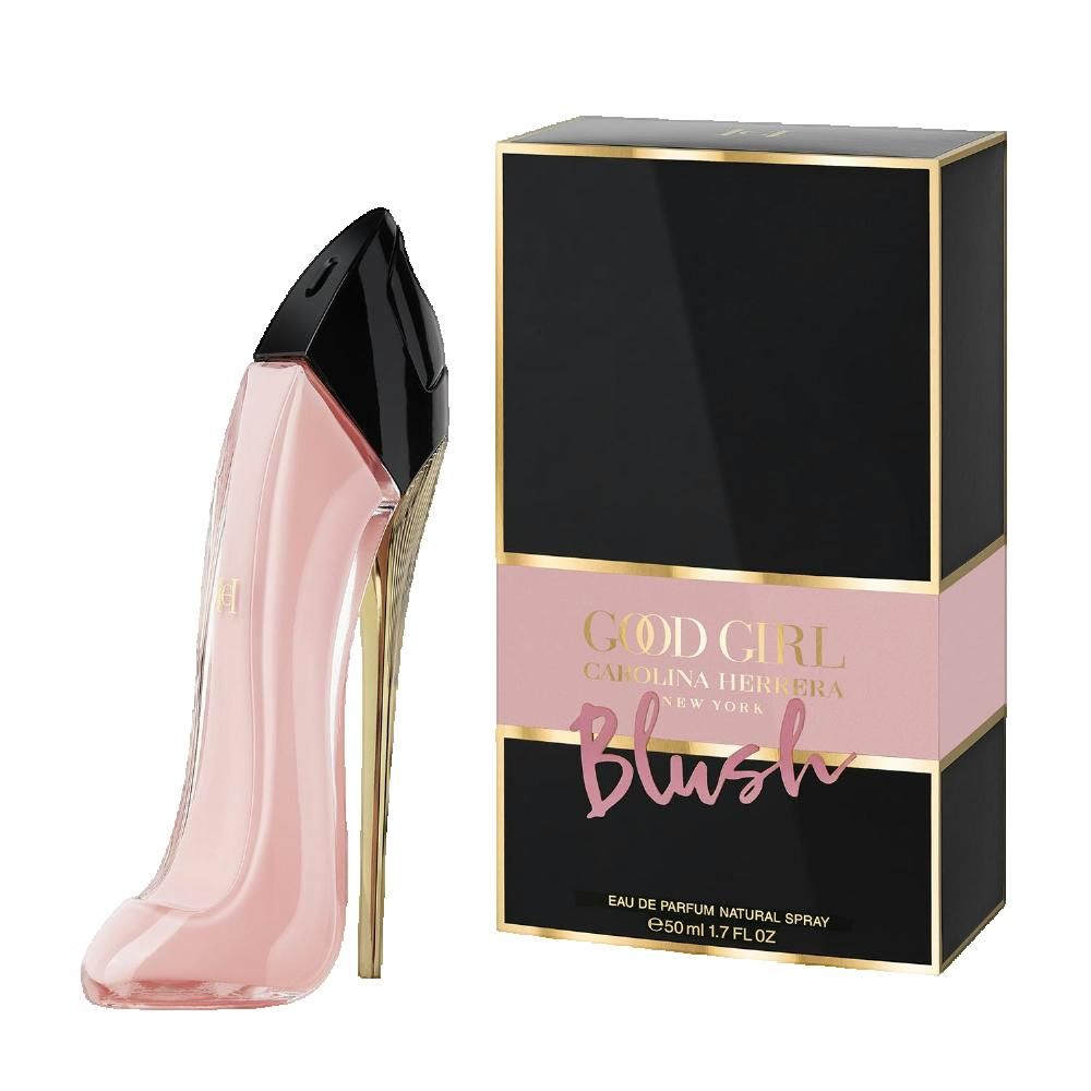 Roze high heel fles en doos. Zwarte doos met roze streep. Tekst: GOOD GIRL BLUSH.