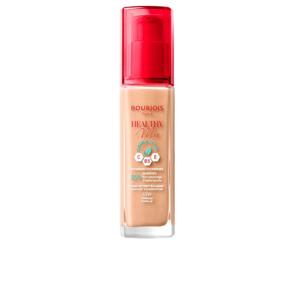 Flacon de fond de teint Bourjois Healthy Mix. Liquide beige, bouchon pompe rouge. Inscription: Healthy Mix, Vitamines.