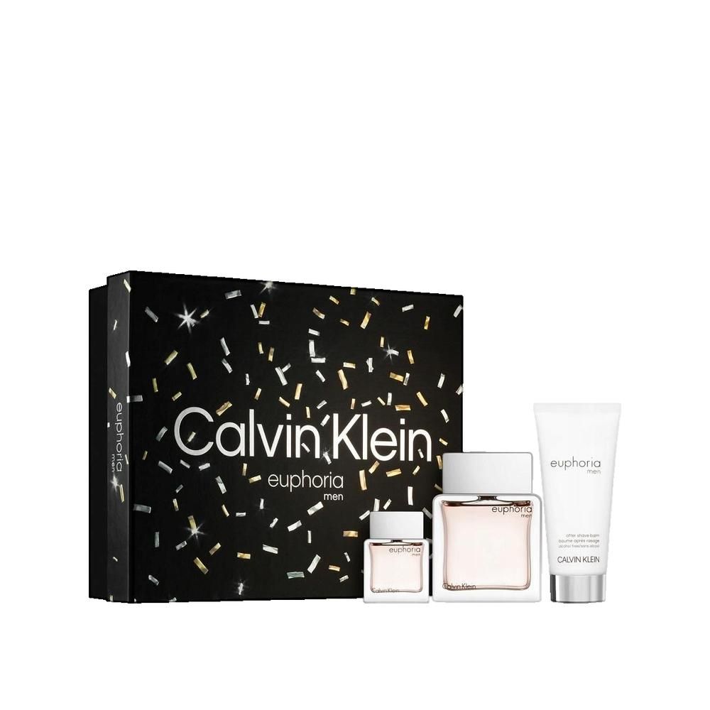 Coffret Calvin Klein Euphoria Men. Boîte noire avec motifs, flacon de parfum, miniature et tube de soin.