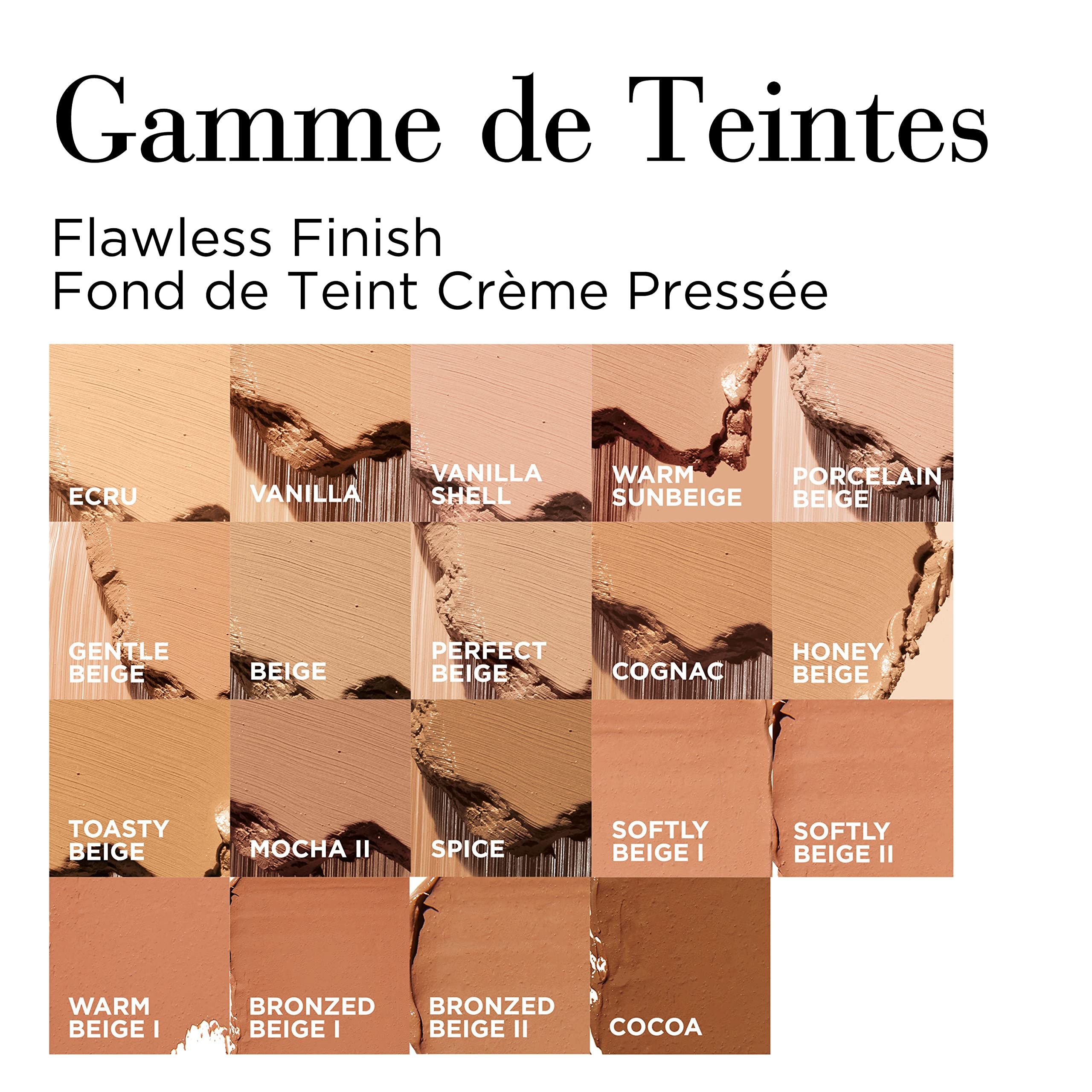 Palette de couleurs avec différentes teintes de maquillage. Texte: Flawless Finish Fond de Teint Crème Pressée. Noms de couleurs.