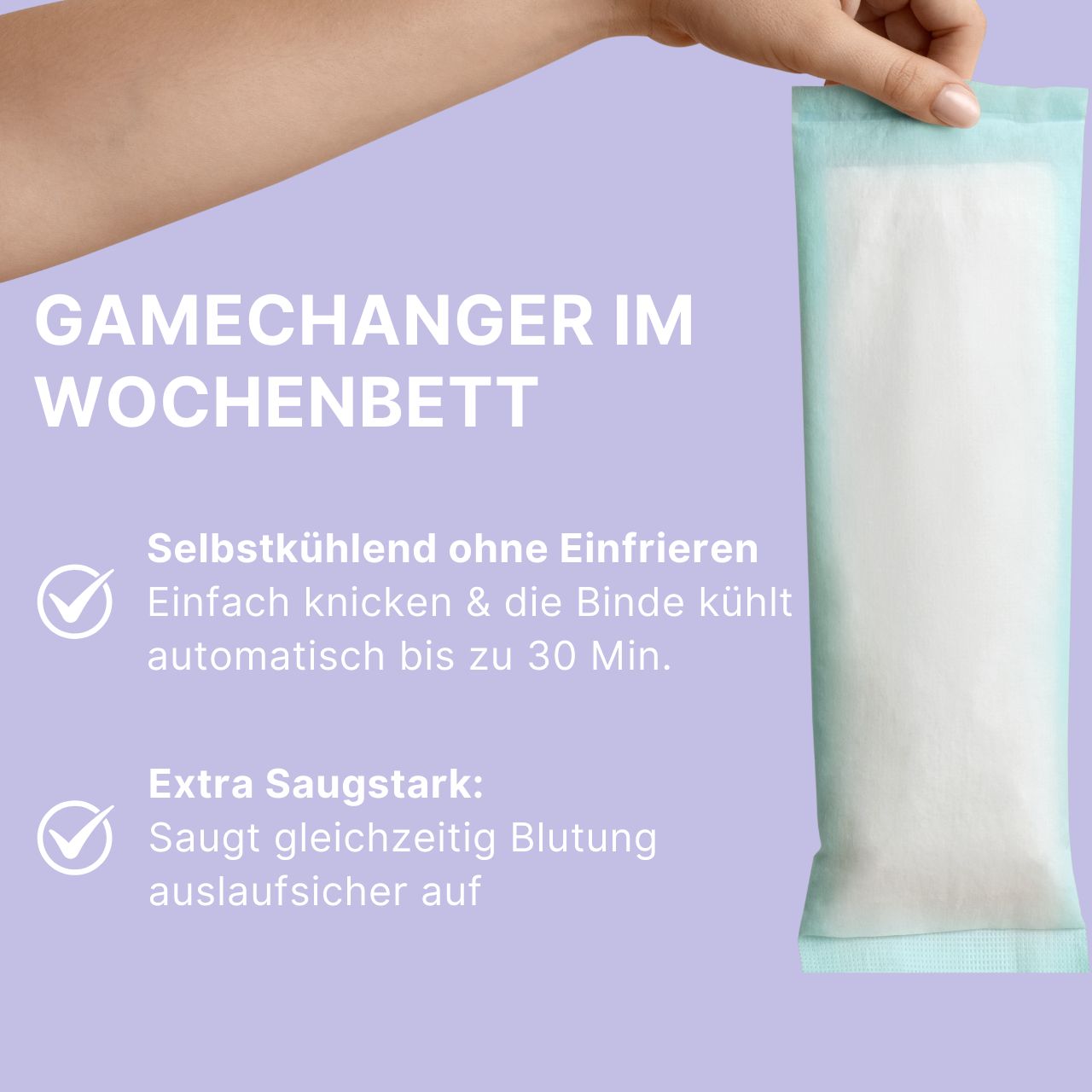 Koelverband in hand. Tekst: Zelfkoelend zonder invriezen. Extra absorberend. Product in lichtblauwe verpakking.