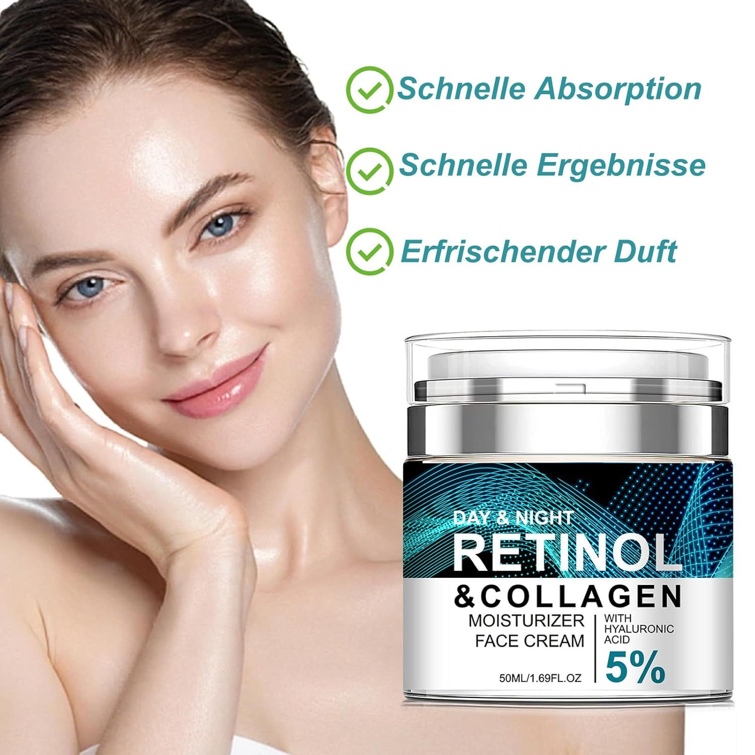 Crème visage Soleneva Rétinol avec mannequin et pot produit, avec avantages.