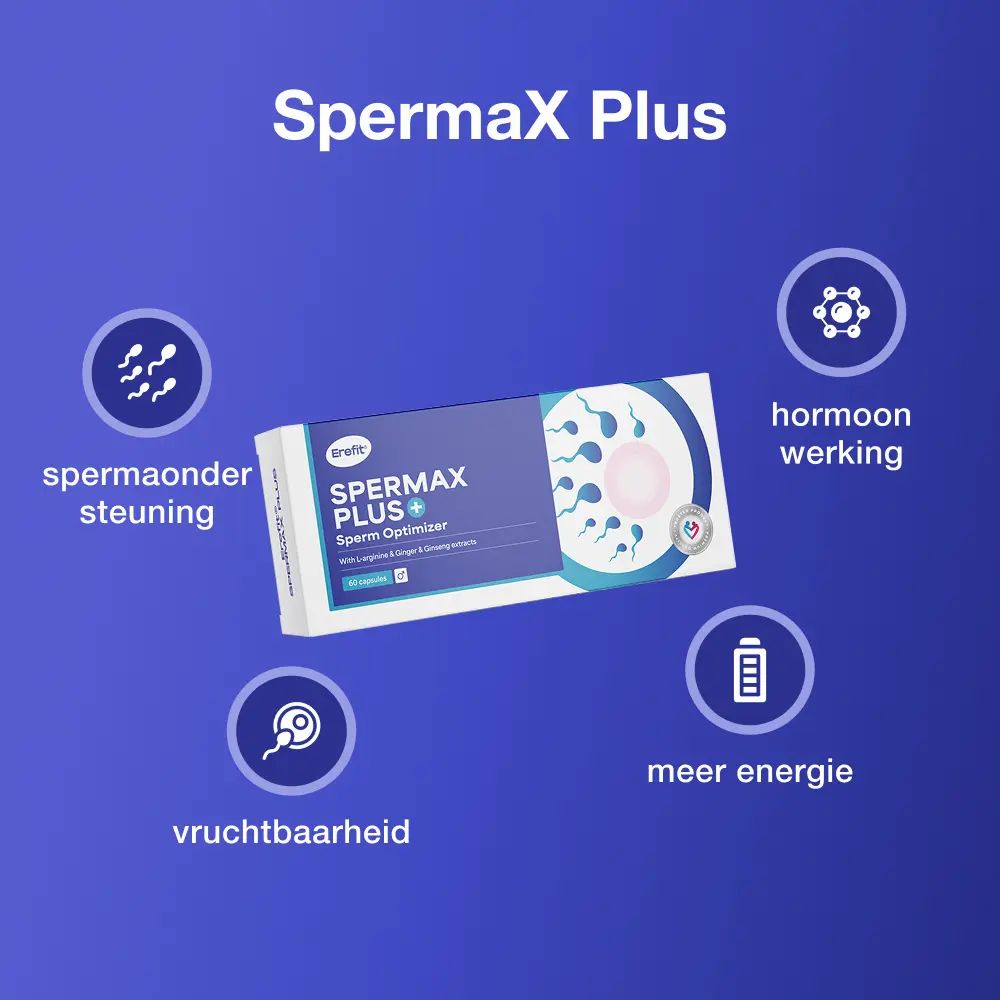 Erefit SpermaX Plus verpakking. 60 capsules. Illustraties: sperma, vruchtbaarheid, hormoonwerking, energie.
