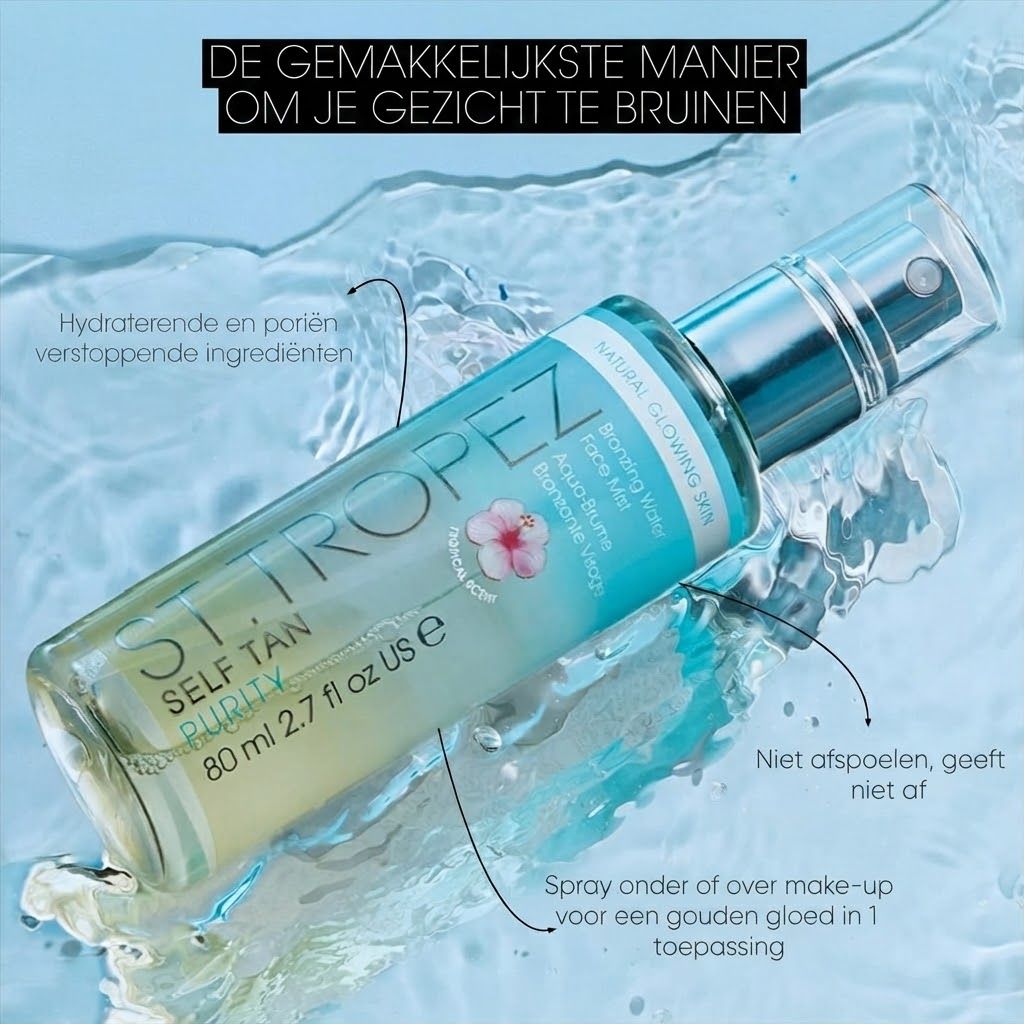 St. Tropez Self Tan Purity Face Mist, 80 ml, in doorzichtige fles met spuitkop.