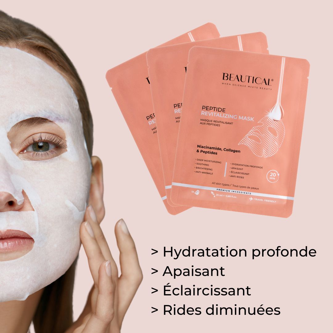 Drie Beautical maskers en gezicht van een vrouw. Tekst: Diep hydraterend, verzachtend, verhelderend, anti-rimpel.