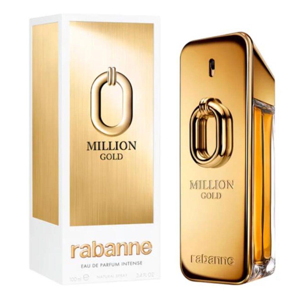 Gouden flacon en verpakking met "Million Gold" en "rabanne". Rechthoekige vorm, gouden details.