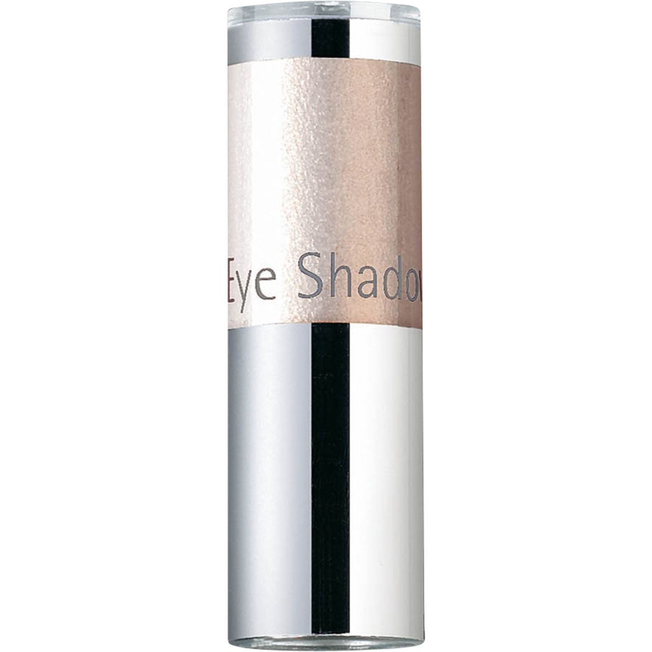 Cilindrische houder met zilverkleurige basis en transparante deksel. Bovenste deel toont oogschaduw in lichte tint. Opschrift 'Eye Shadow'.