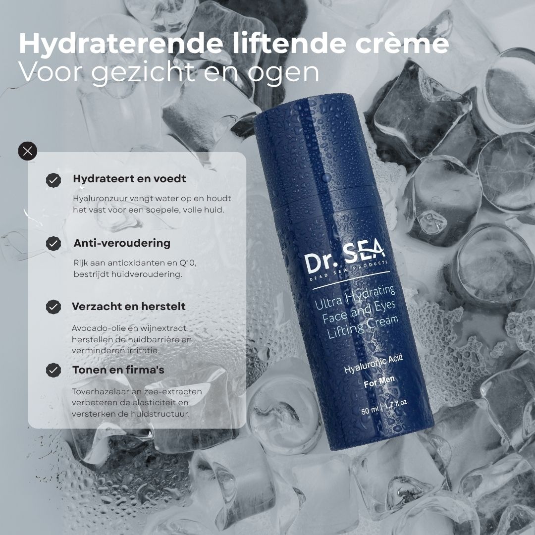 Blauwe crèmefles met tekst. Opschrift: Dr. SEA, Ultra Hydrating Face and Eyes Lifting Cream. Achtergrond: ijsblokjes.