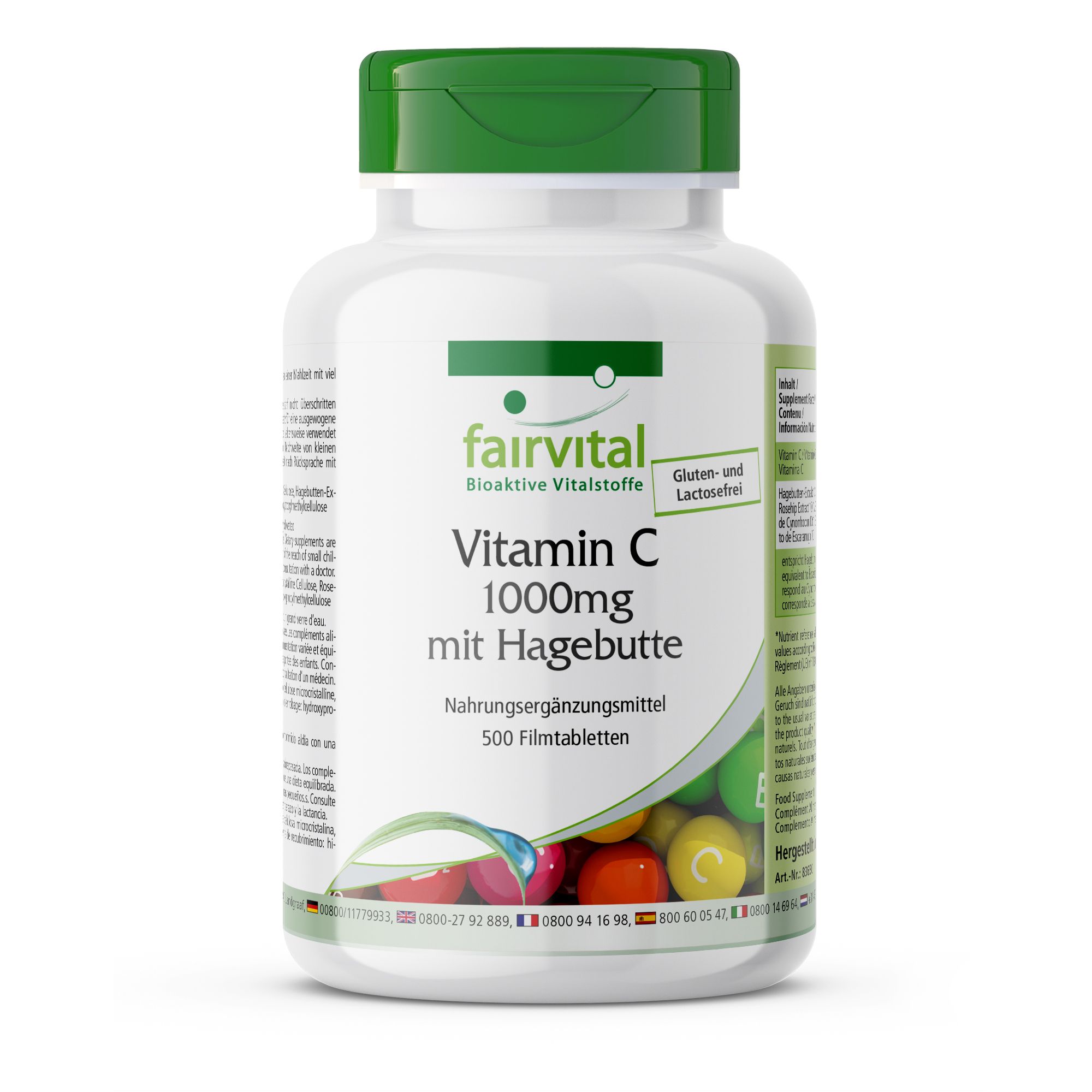 Fles Fairvital Vitamine C 1000mg met rozenbottel, 500 filmtabletten. Glutenvrij en lactosevrij.