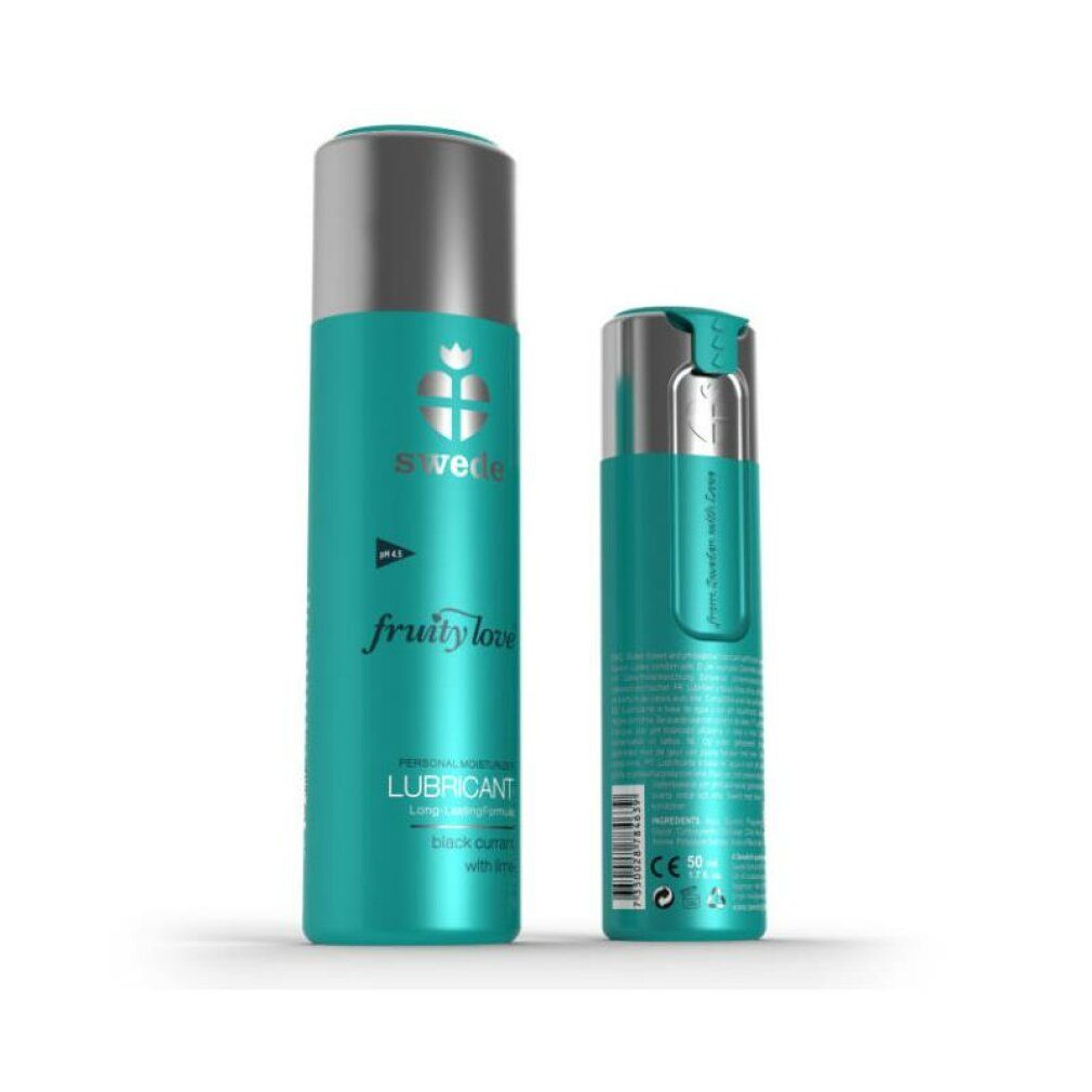 Twee flacons: een grote en een kleine. Personal Moisturizer Lubricant, Black Currant with Lime.