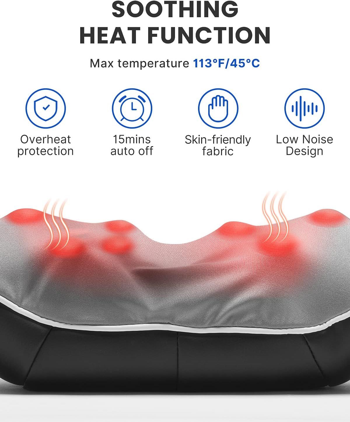 Appareil de massage avec protection contre la surchauffe, arrêt automatique de 15 minutes, tissu doux pour la peau et faible bruit. Température max 45°C.