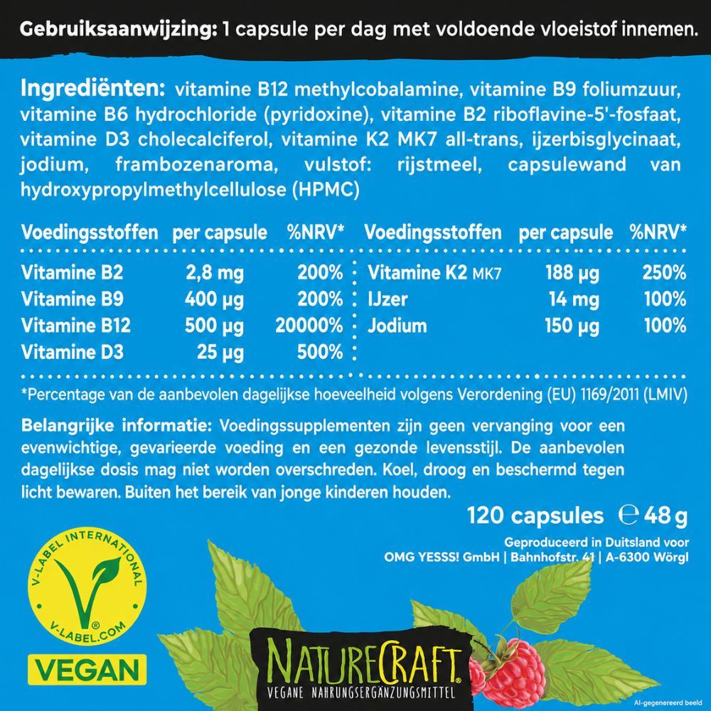 Achterkant van de NatureCraft Vegan Basics verpakking met voedingswaarden en ingrediënten.
