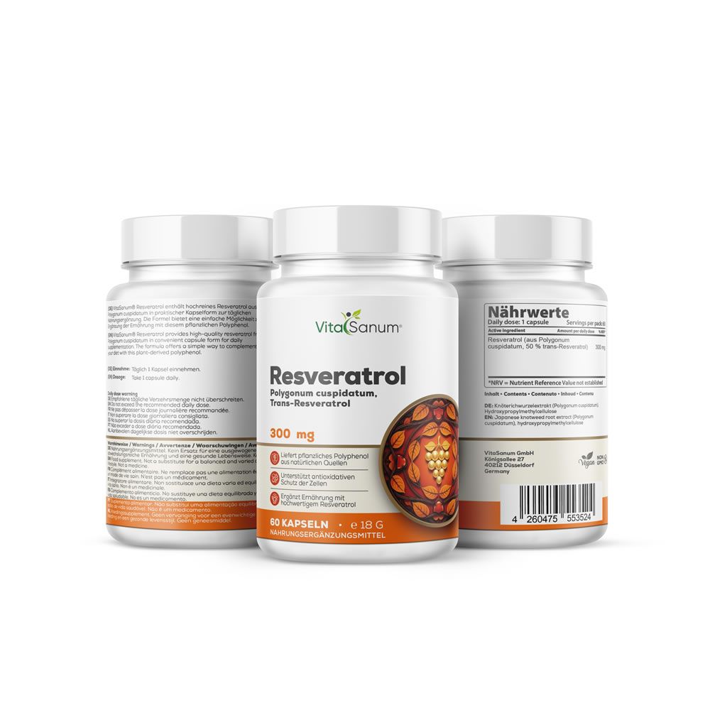 Drie witte flessen met etiketten. Opschrift: Resveratrol, 300 mg. Afbeelding van druiven. 60 capsules.