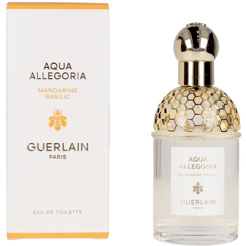 Fles en verpakking. Opschrift: Aqua Allegoria Mandarine Basilic, Guerlain Paris. Gele accenten.