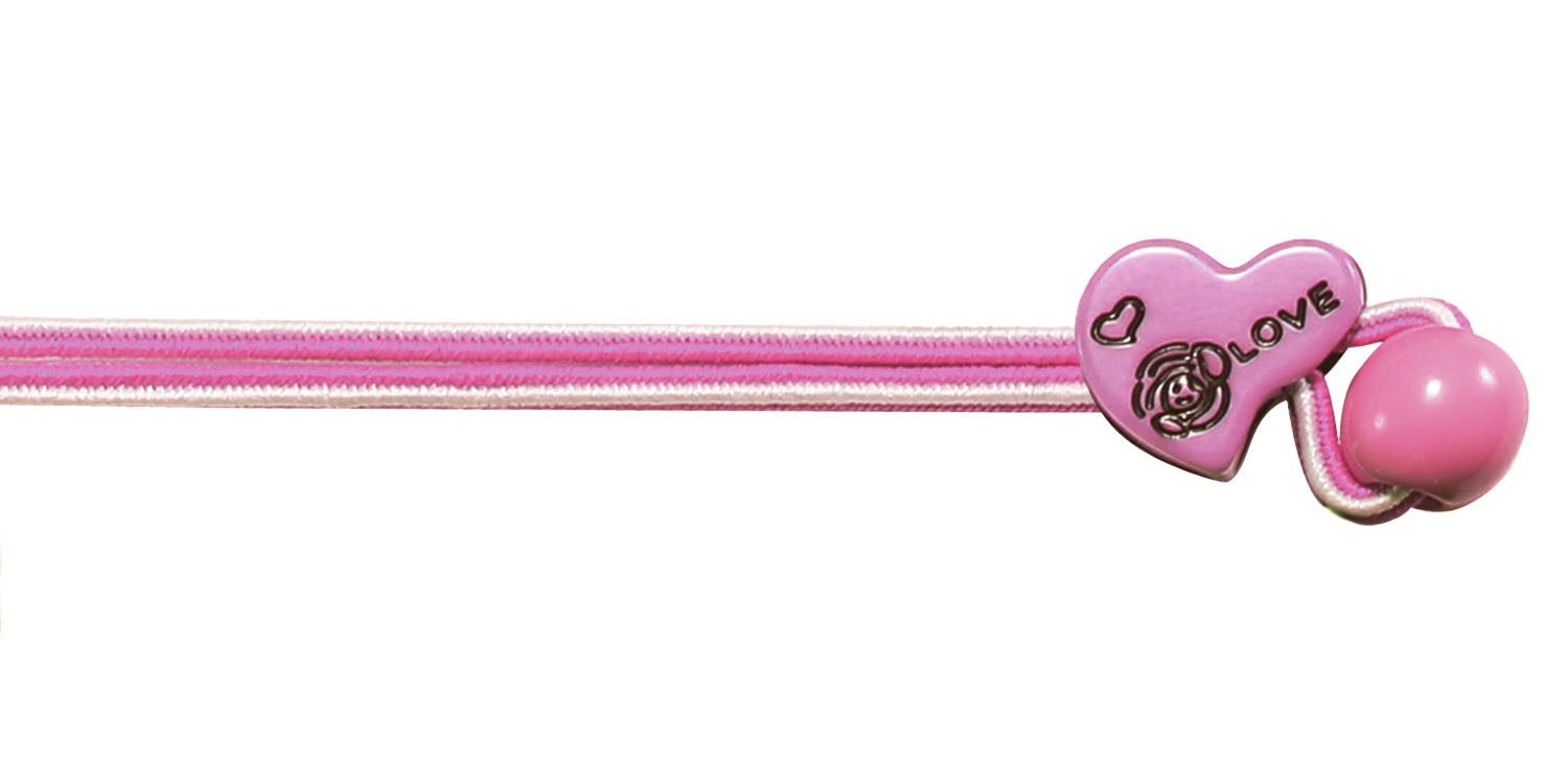 Cordon de lunettes rose avec décoration en forme de cœur. Cœur avec rose et inscription "LOVE". Boule à l'extrémité.