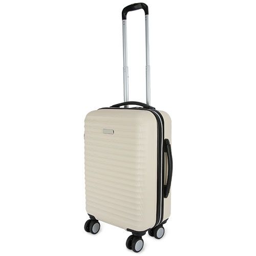 Beige trolley met uitschuifbare handgreep en vier wielen. Zwarte accenten. Geribbelde oppervlakte.