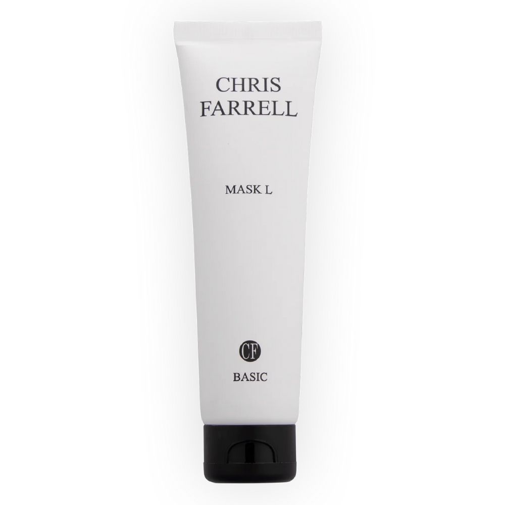 Witte tube met zwarte dop. Opschrift: CHRIS FARRELL, MASK L, CF-logo, BASIC.