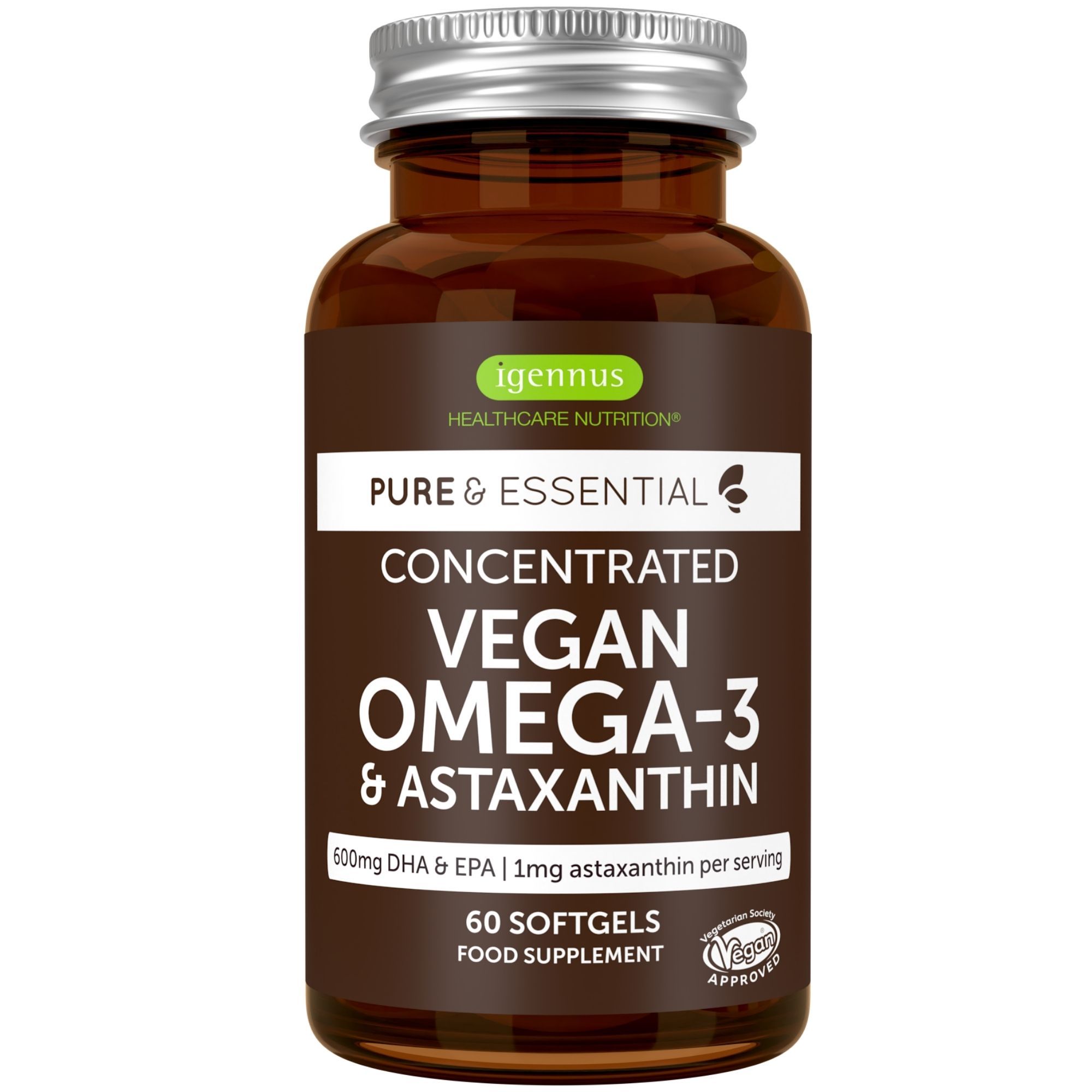 Bouteille en verre brun avec bouchon argenté, étiquette 'Vegan Omega-3 & Astaxanthin'.