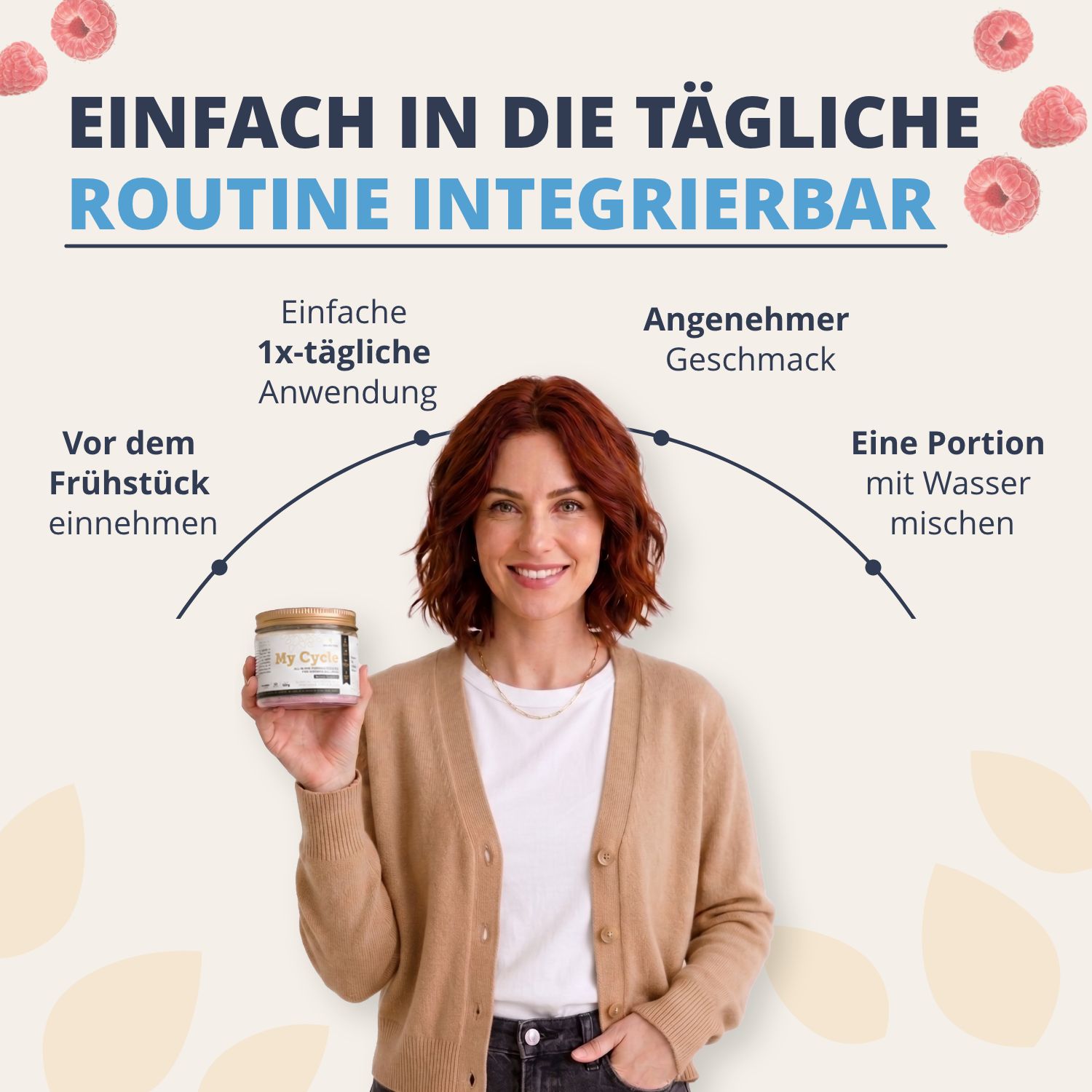 Une femme tient un récipient en verre avec poudre rose, à côté des instructions d'utilisation.