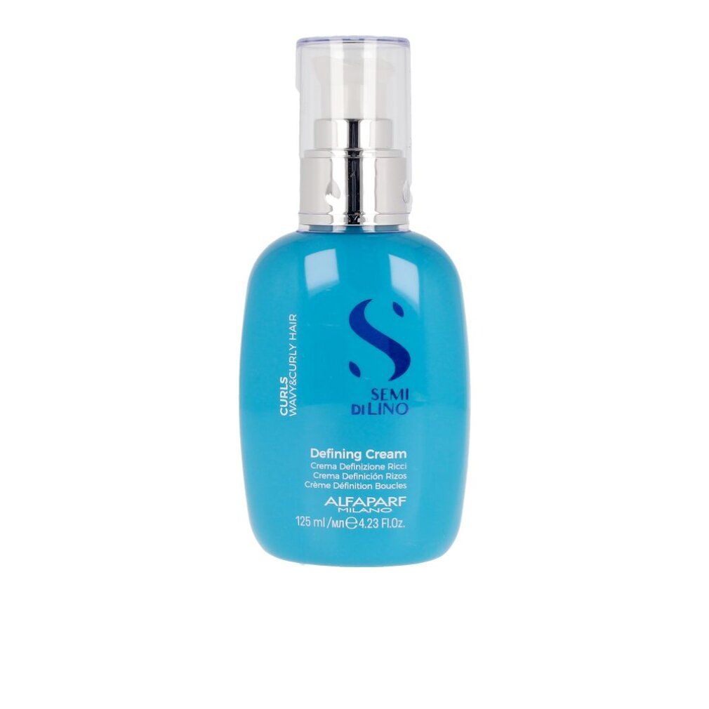 Flacon turquoise avec pompe. Inscription: Semi Di Lino, Defining Cream. 125 ml.