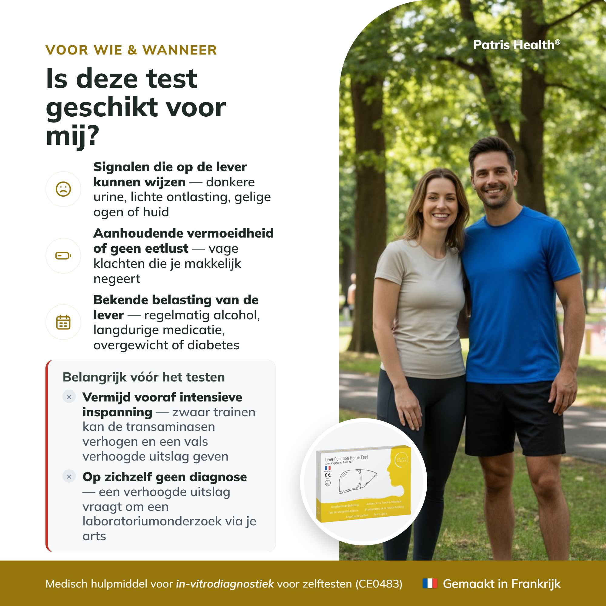 Weergave van de testresultaten van de Patris Health leverfunctietest: positief, negatief en ongeldig.