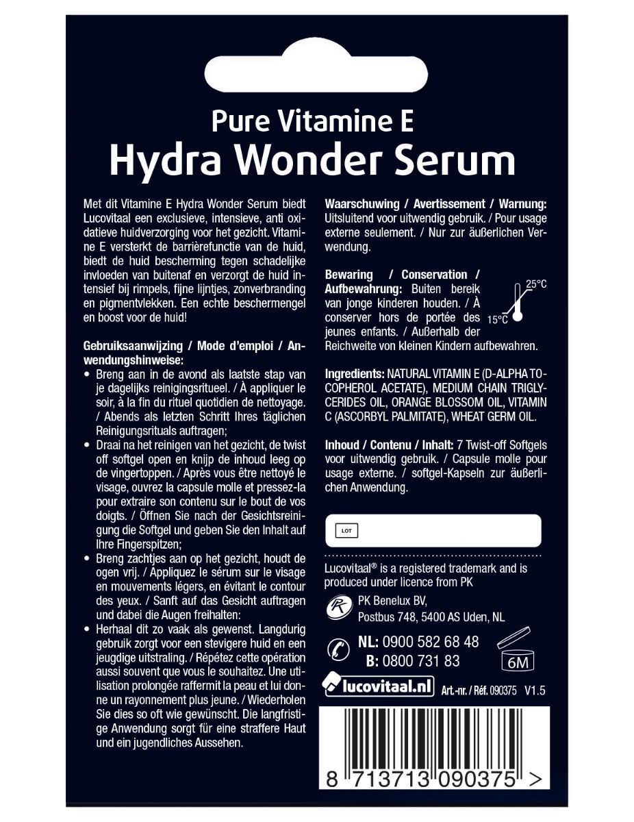 Achterkant van de verpakking. Tekst: Pure Vitamine E Hydra Wonder Serum. Ingrediënten, gebruiksaanwijzing, waarschuwingen.