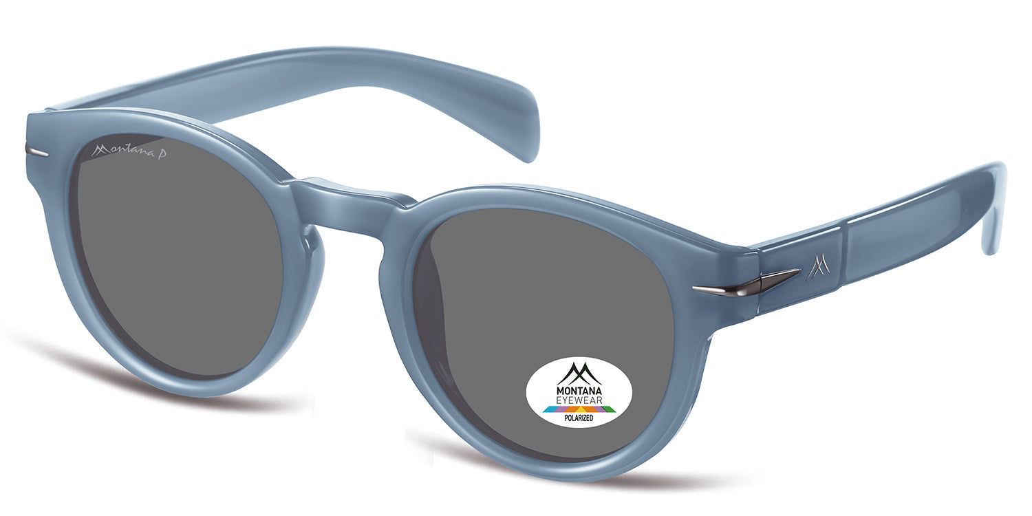 Lunettes de soleil bleues claires, vue latérale. Verres ronds, logo Montana Eyewear sur la branche et le verre. Verres polarisés.