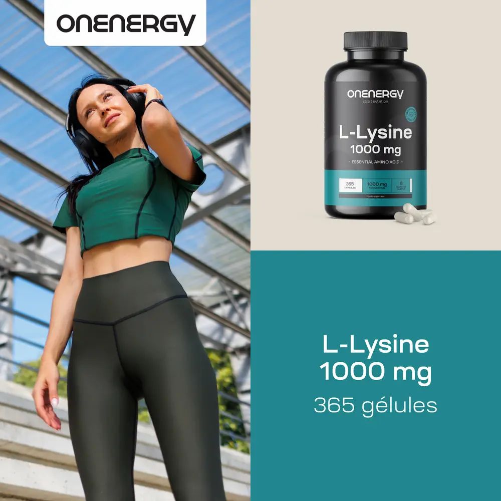 Femme avec écouteurs, bouteille L-Lysine 1000 mg, 365 gélules.