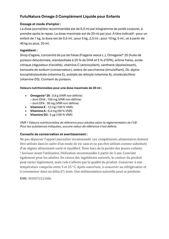 Feuille blanche avec texte. Informations sur le complément FutuNatura Omega-3 pour enfants. Ingrédients, dosage, avertissements et informations nutritionnelles.