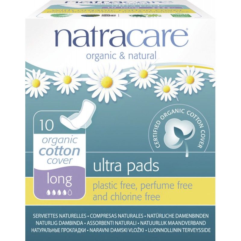 Boîte de serviettes hygiéniques. Inscription : Natracare, organic & natural, ultra pads, long, 10 organic cotton cover. Couverture en coton biologique certifié.