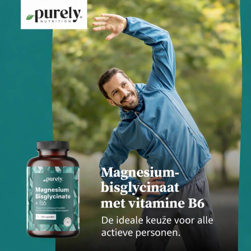 Man die zich uitrekt. Fles met magnesiumbisglycinaat + B6. Tekst: De ideale keuze voor actieve mensen.