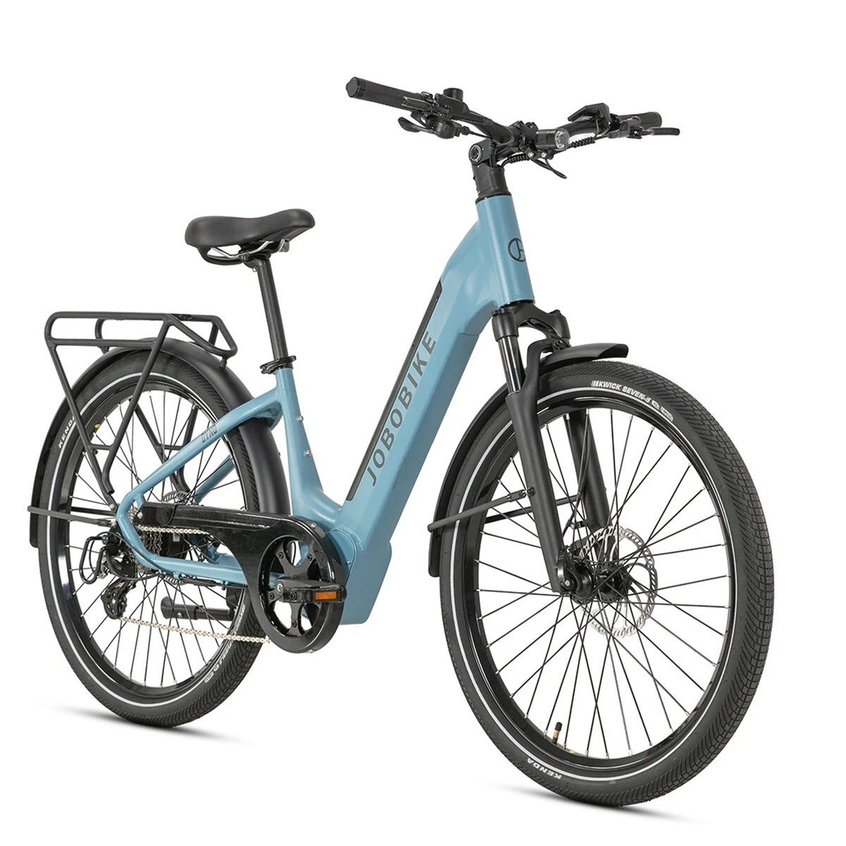 Vélo électrique bleu avec porte-bagages. Logo JOBOBIKE sur le cadre. Garde-boue et pneus noirs.