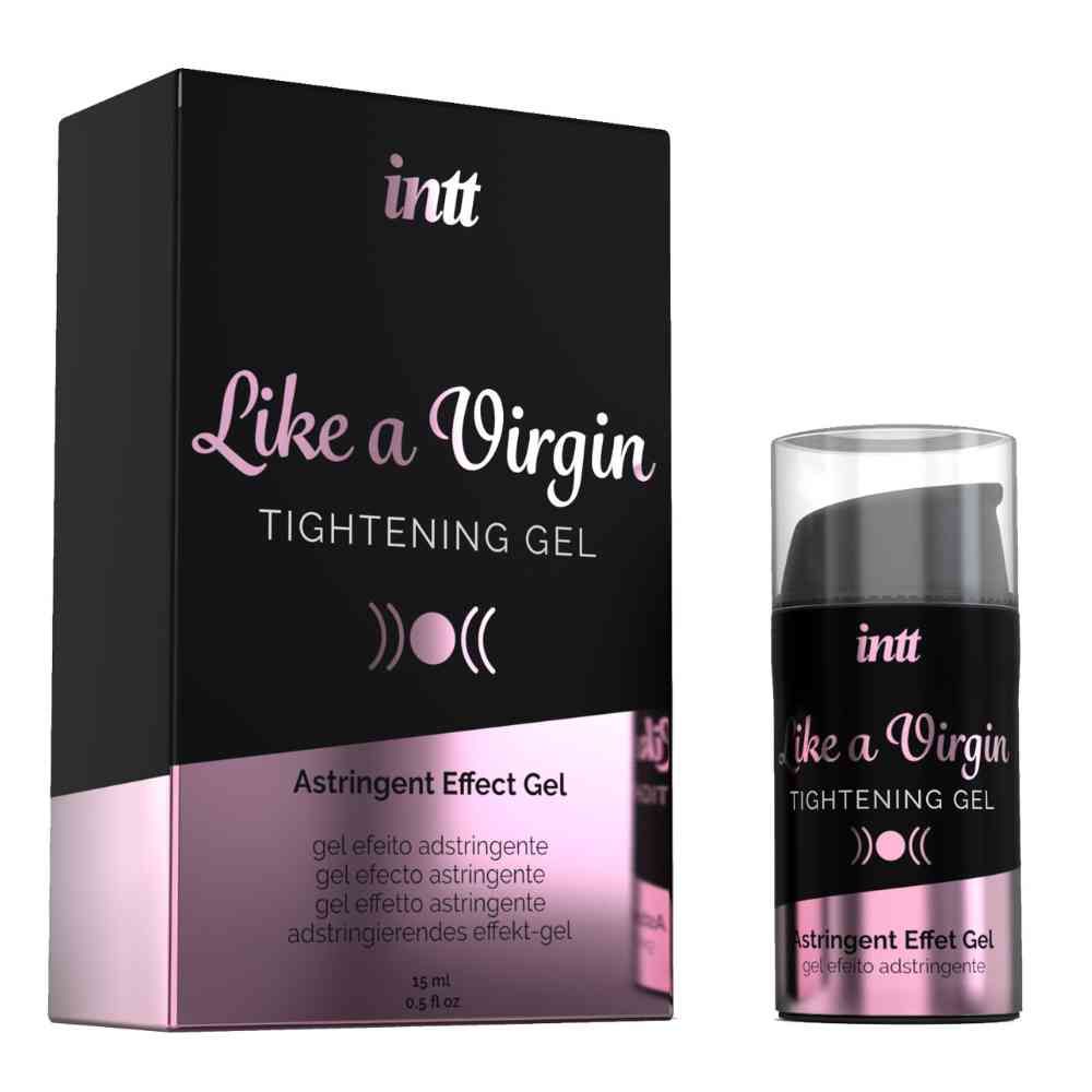 Emballage et flacon. Boîte noire et flacon avec texte: INTT, Like a Virgin, Tightening Gel, Astringent Effet Gel. Bouchon transparent.