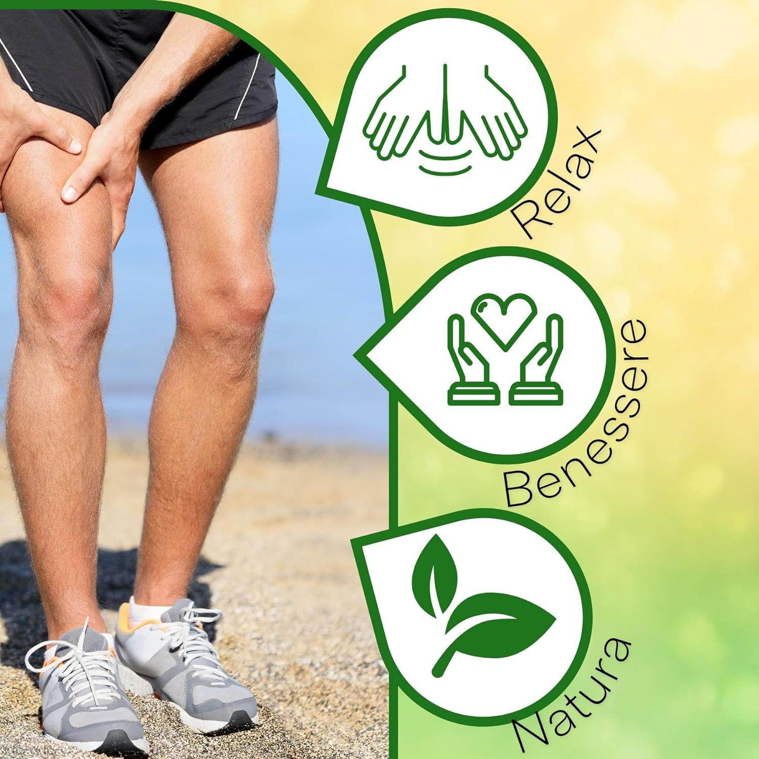 Jambes d'un homme sur la plage. Icônes : Relaxation, Bien-être, Nature. L'homme touche sa cuisse. Fond : Plage et mer.