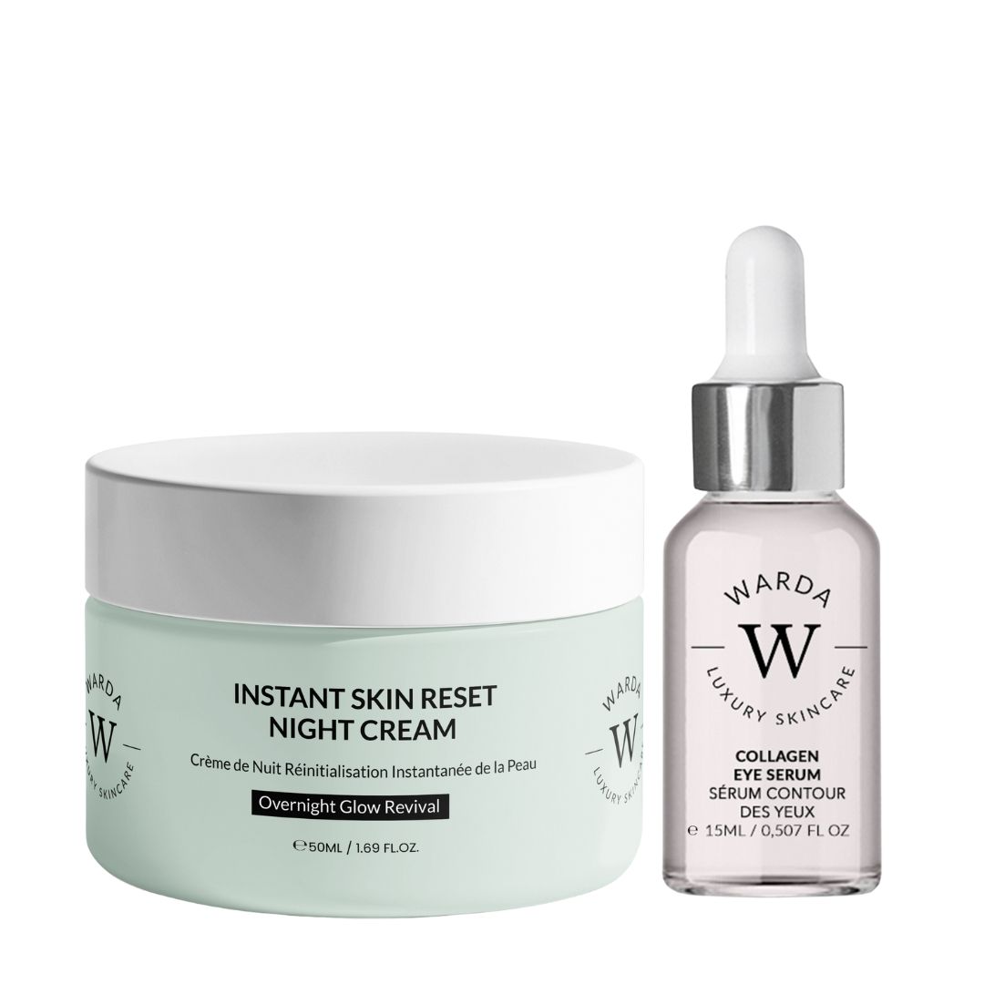 Crème et sérum Warda Luxury Skincare. Inscription: Instant Skin Reset Night Cream, Collagen Eye Serum.