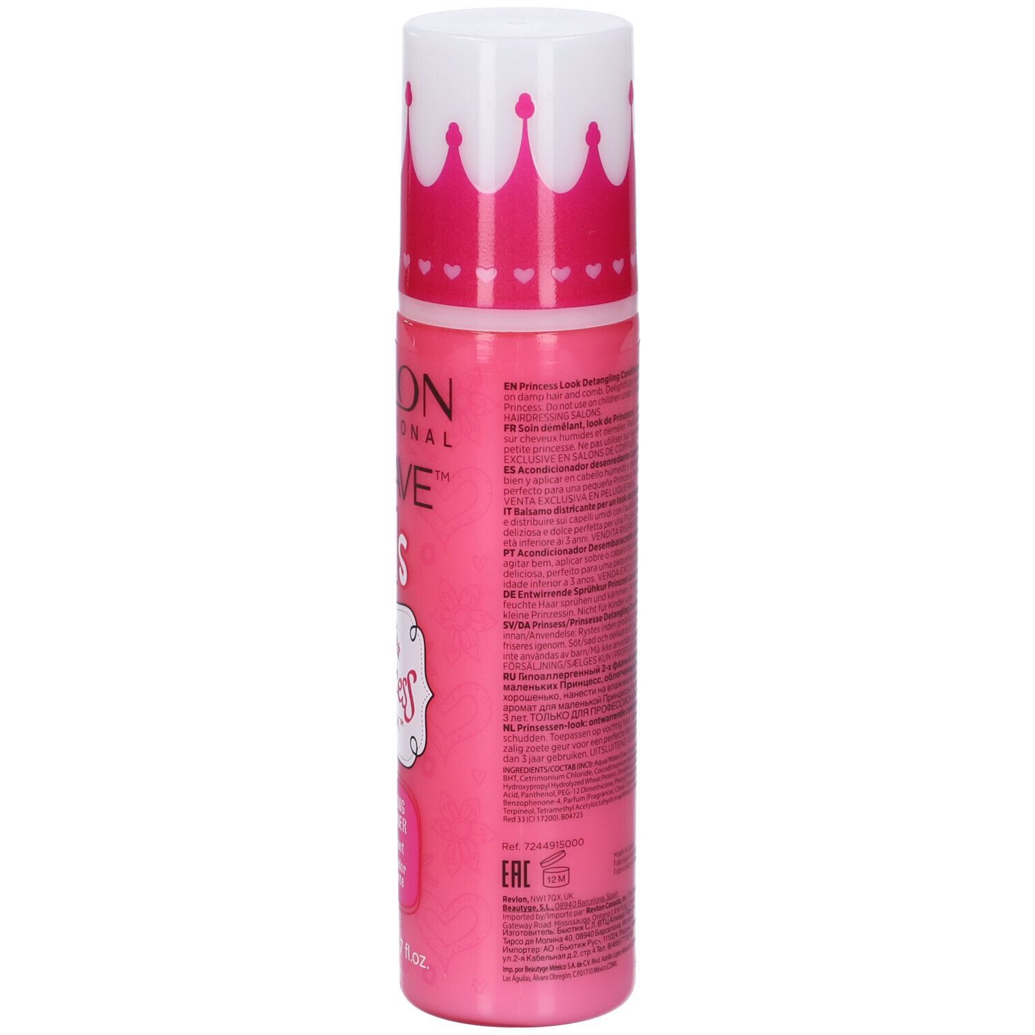 Flacon rose avec bouchon blanc. Inscription: Revlon Equave Kids Princess Look. Démêlant.
