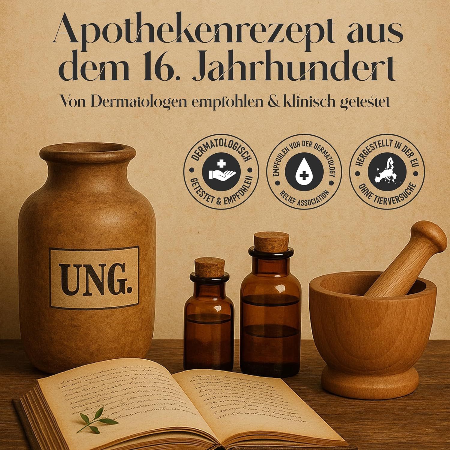 Oud apothekersrecept. Bruine flessen, vijzel, open boek. Tekst: 'Von Dermatologen empfohlen & klinisch getestet'.