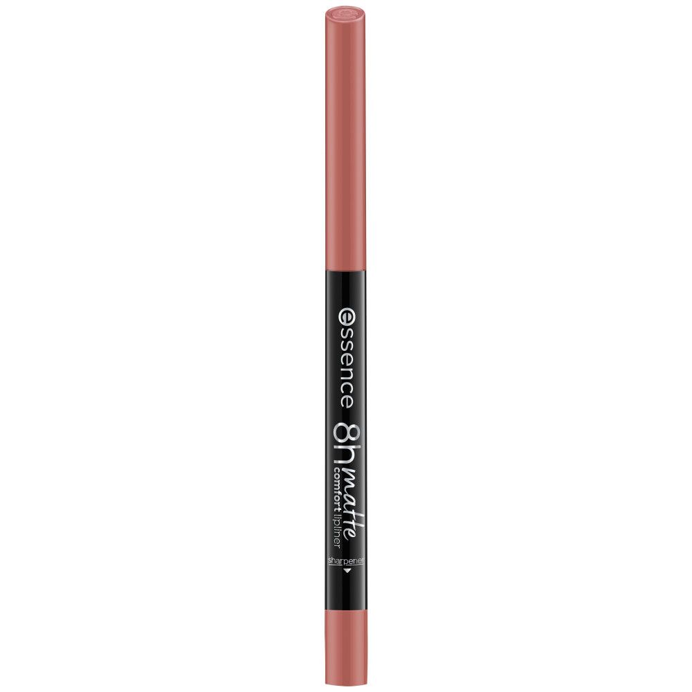 Lipliner met roze punt en zwarte schacht. Opschrift: essence 8h matte comfort lipliner.