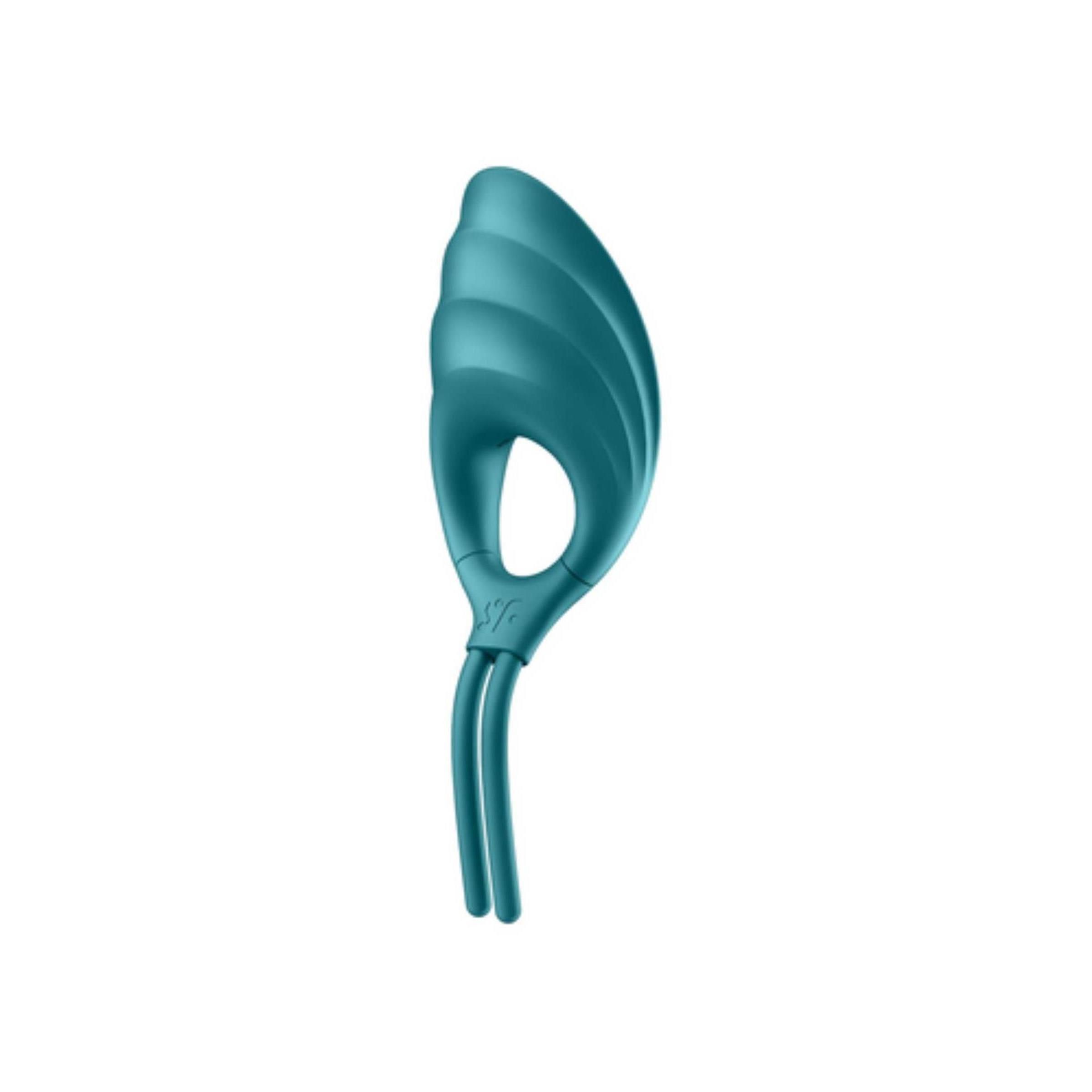 Turquoise ringvibrator met gegolfd oppervlak en twee staven. Gat in het midden.