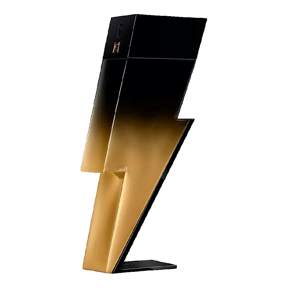 Zwarte en goudkleurige flacon in bliksemvorm. Verticaal ontwerp met kleurovergang. Zwarte basis.