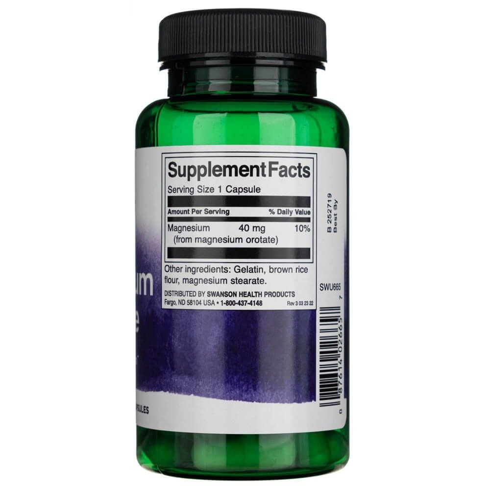 Arrière de la bouteille de magnésium orotate avec informations nutritionnelles et ingrédients.