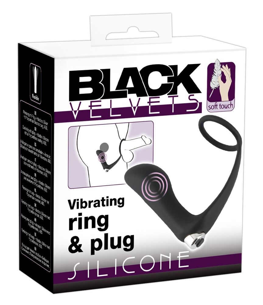 Emballage Black Velvets. Illustration d'un anneau pénien avec plug anal. Texte: Vibrating ring & plug SILICONE.